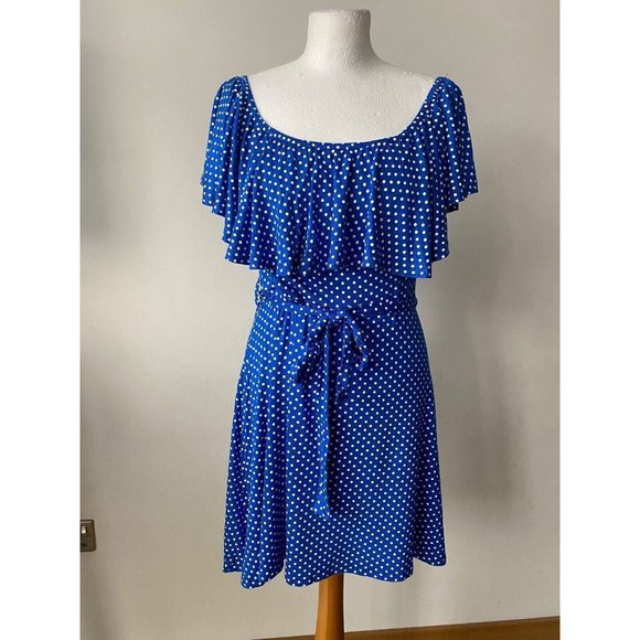 Quiz Dresses & Skirts - Quiz Royal Blue / White Polka Dot Dress Size 14 Off the Shoulder